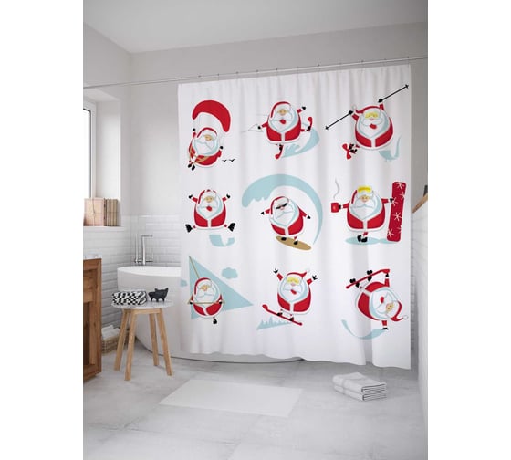Штора (занавеска) для ванной JoyArty "Спортивный Дед Мороз" из сатена, 180х200 см с крючками, sc_78671 1