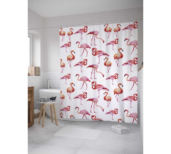 Штора (занавеска) для ванной JoyArty "Игры фламинго" из сатена, 180х200 см с крючками, sc_8075 1