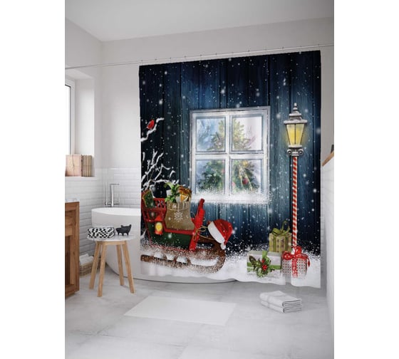 Штора (занавеска) для ванной JoyArty "Сани с подарками" из сатена, 180х200 см с крючками, sc_78667 1