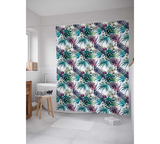 Штора (занавеска) для ванной JoyArty "Тропический принт" из сатена, 180х200 см с крючками, sc_79848 1