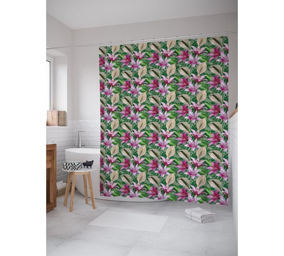 Штора (занавеска) для ванной JoyArty "Тропический гибискус" из сатена, 180х200 см с крючками, sc_62397 1