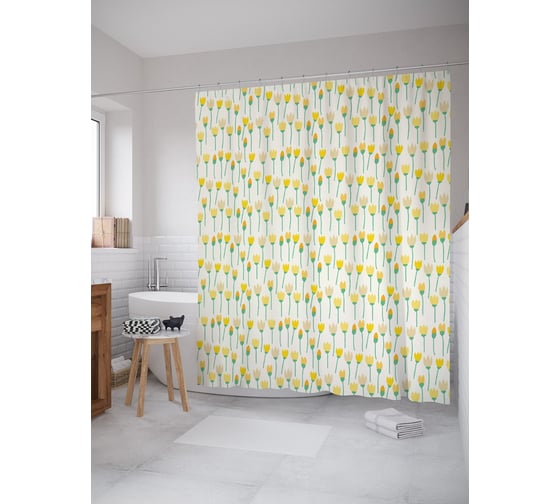 Штора (занавеска) для ванной JoyArty "Тюльпаны и лилии" из сатена, 180х200 см с крючками, sc_64176 1