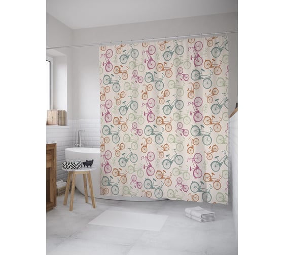 Штора (занавеска) для ванной JoyArty "Цветные велосипеды" из сатена, 180х200 см с крючками, sc_61465 1