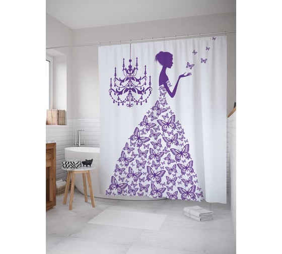 Штора (занавеска) для ванной JoyArty "Платье с синими бабочками" из сатена, 180х200 см с крючками, sc_8288 1