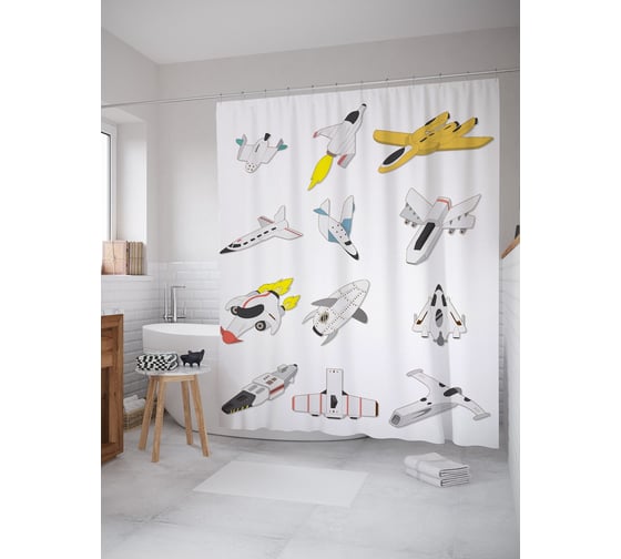 Штора (занавеска) для ванной JoyArty "Реактивные самолётики" из сатена, 180х200 см с крючками, sc_54117 1