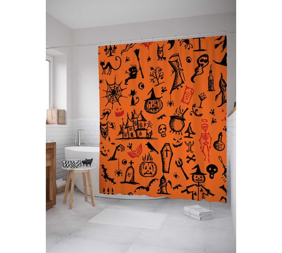 Штора (занавеска) для ванной JoyArty "Ужасы Хэллоуина" из сатена, 180х200 см с крючками, sc_6039 1