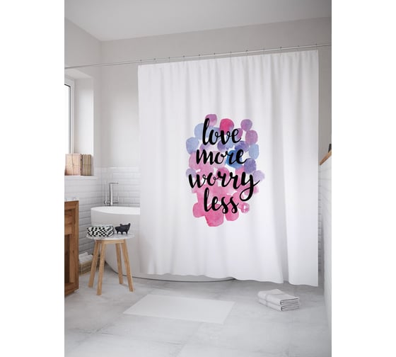 Штора (занавеска) для ванной JoyArty "Больше любить меньше беспокоиться" из сатена, 180х200 см с крючками, sc_53002 1
