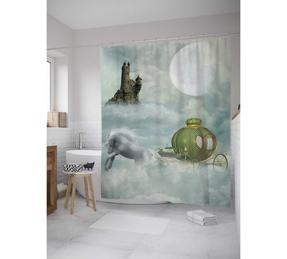Штора (занавеска) для ванной JoyArty "Карета в тумане" из сатена, 180х200 см с крючками, sc_32638 1