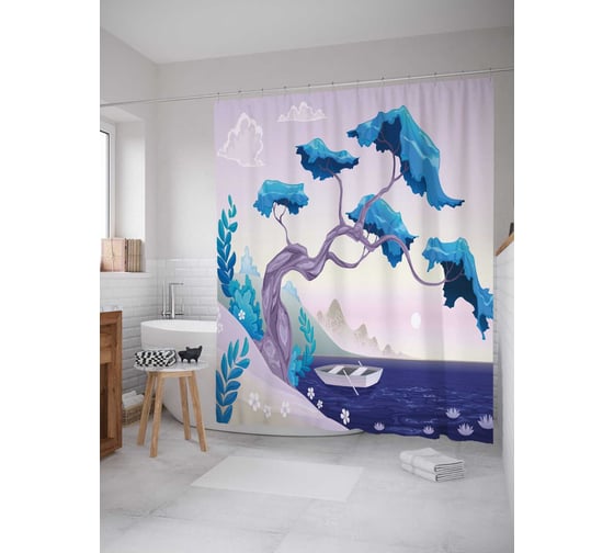 Штора (занавеска) для ванной JoyArty "Дерево над лодкой" из сатена, 180х200 см с крючками, sc_32755 1