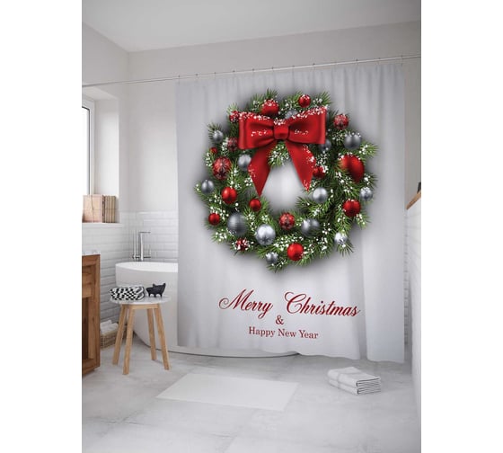 Штора (занавеска) для ванной JoyArty "Сказочный рождественский венок" из сатена, 180х200 см sc_294377 1