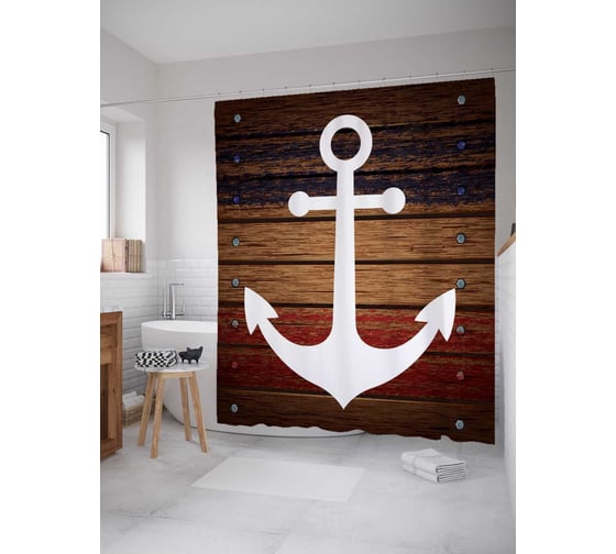 Штора (занавеска) для ванной JoyArty "Якорь на деревянных досках" из сатена, 180х200 см с крючками, sc_5412 1