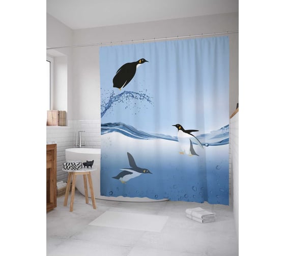 Штора (занавеска) для ванной JoyArty "Купание пингвинов" из сатена, 180х200 см с крючками, sc_8160 1
