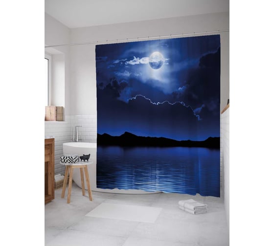 Штора (занавеска) для ванной JoyArty "Полнолуние над озером" из сатена, 180х200 см с крючками, sc_38846 1