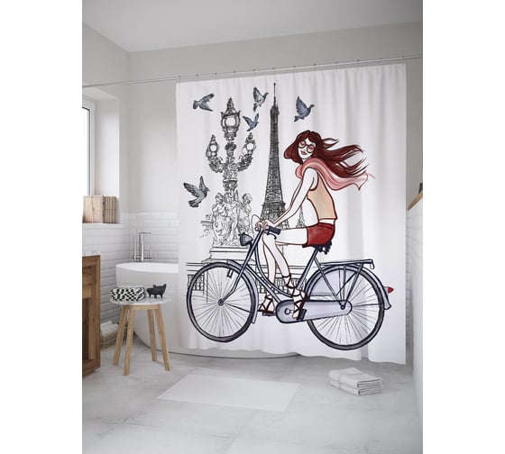 Штора (занавеска) для ванной JoyArty "По Парижу на велосипеде" из сатена, 180х200 см с крючками, sc_61458 1