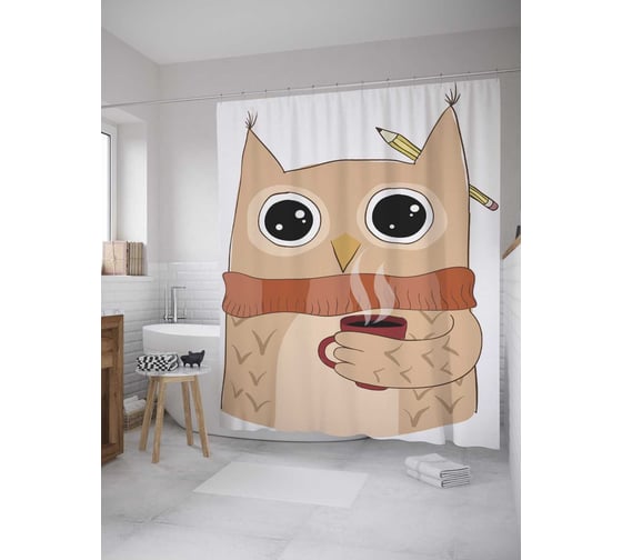 Штора (занавеска) для ванной JoyArty "Филин с чашкой кофе" из сатена, 180х200 см с крючками, sc_31981 1