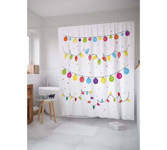Штора (занавеска) для ванной JoyArty "Рождественские гирлянды" из сатена, 180х200 см с крючками, sc_53279 1