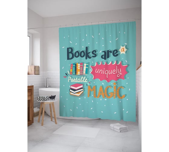 Штора (занавеска) для ванной JoyArty "Книги это магия" из сатена, 180х200 см с крючками, sc_52933 1