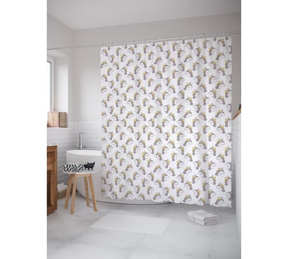 Штора (занавеска) для ванной JoyArty "Единорог с короной" из сатена, 180х200 см с крючками, sc_62494 1