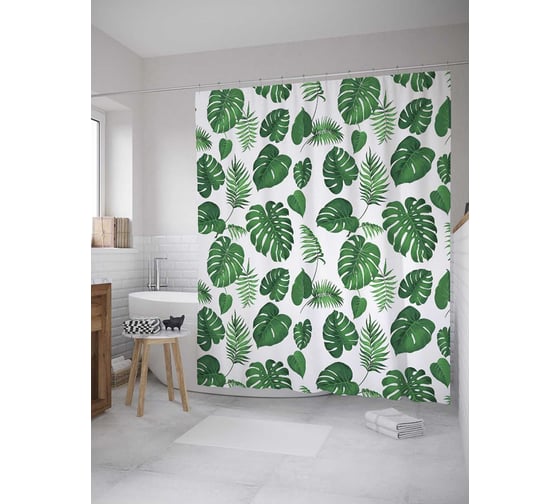 Штора (занавеска) для ванной JoyArty "Папоротниковый дождь" из сатена, 180х200 см с крючками, sc_8072 1