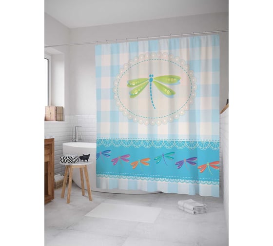 Штора (занавеска) для ванной JoyArty "Стрекоза в клетку" из сатена, 180х200 см с крючками, sc_5429 1