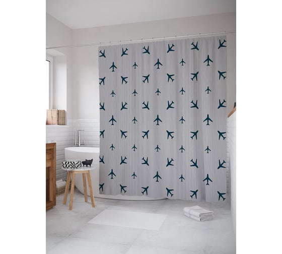 Штора (занавеска) для ванной JoyArty "Туристические самолеты" из сатена, 180х200 см с крючками, sc_53386