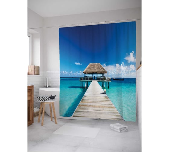 Штора (занавеска) для ванной JoyArty "Домик на пирсе" из сатена, 180х200 см с крючками, sc_5007 1