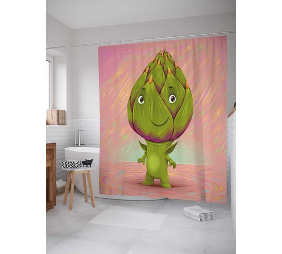 Штора (занавеска) для ванной JoyArty "Веселый артишок" из сатена, 180х200 см с крючками, sc_38918 1