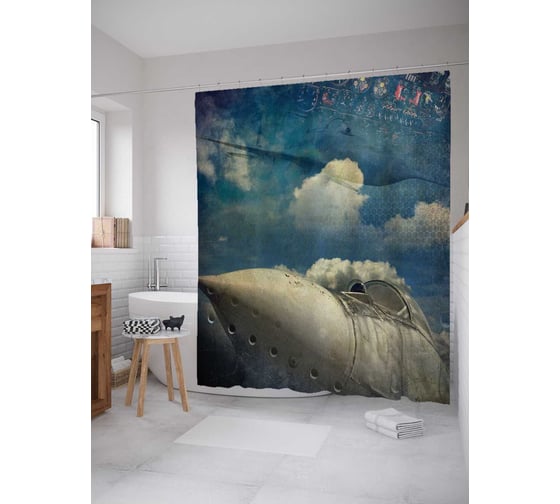 Штора (занавеска) для ванной JoyArty "Самолет на пленке" из сатена, 180х200 см с крючками, sc_5510 1