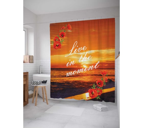 Штора (занавеска) для ванной JoyArty "Надпись и маки на закате" из сатена, 180х200 см с крючками, sc_5022 1