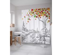 Штора (занавеска) для ванной JoyArty "Нарисованная скамейка и дерево" из сатена, 180х200 см с крючками, sc_5003