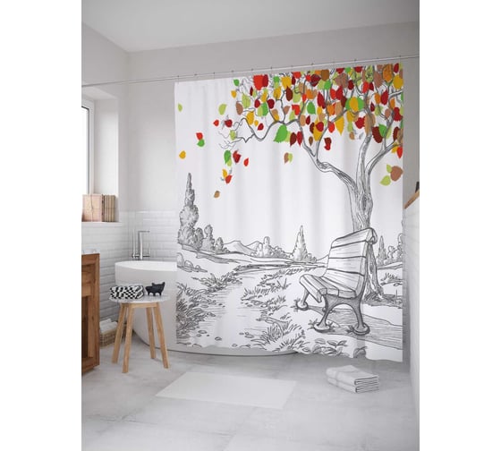 Штора (занавеска) для ванной JoyArty "Нарисованная скамейка и дерево" из сатена, 180х200 см с крючками, sc_5003 1