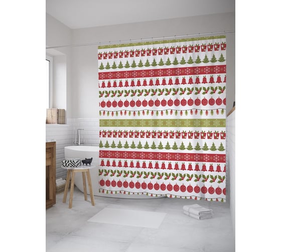 Штора (занавеска) для ванной JoyArty "Рождественские бордюры" из сатена, 180х200 см с крючками, sc_52598 1
