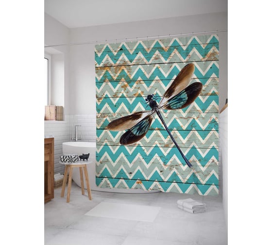 Штора (занавеска) для ванной JoyArty "Стрекоза над зигзагами" из сатена, 180х200 см с крючками, sc_5266 1