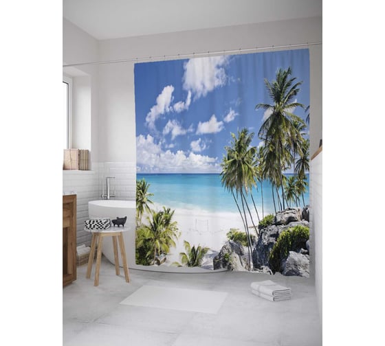 Штора (занавеска) для ванной JoyArty "Тропический пляж" из сатена, 180х200 см с крючками, sc_32081 1