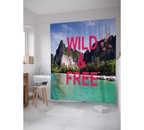 Штора (занавеска) для ванной JoyArty "Надпись на фоне пляжа и скал" из сатена, 180х200 см с крючками, sc_5026