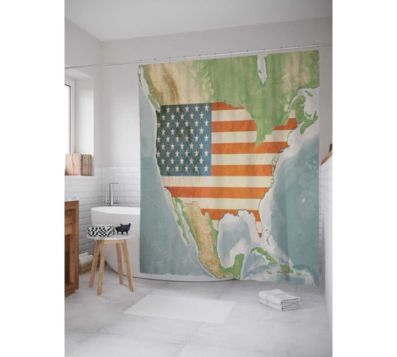 Штора (занавеска) для ванной JoyArty "Флаг на карте" из сатена, 180х200 см с крючками, sc_5260 1
