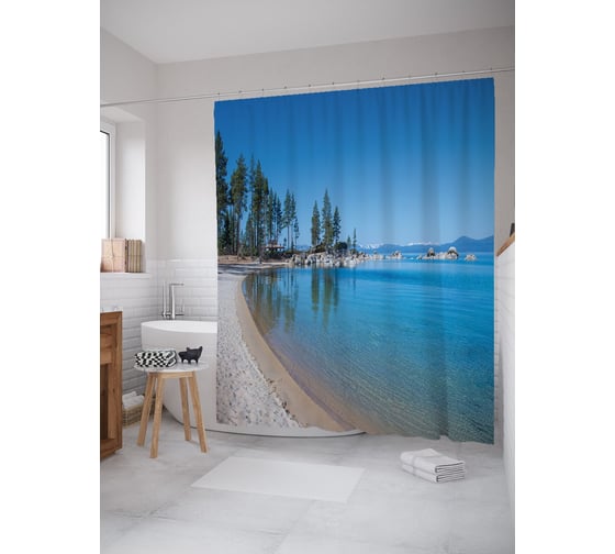 Штора (занавеска) для ванной JoyArty "Озеро с пляжем" из сатена, 180х200 см с крючками, sc_53676 1