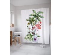 Штора (занавеска) для ванной JoyArty "Фламинго под пальмой акварель" из сатена, 180х200 см с крючками, sc_63180