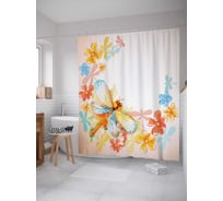 Штора (занавеска) для ванной JoyArty "Стрекоза в цветах" из сатена, 180х200 см с крючками, sc_5430
