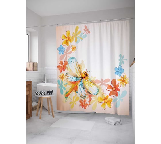 Штора (занавеска) для ванной JoyArty "Стрекоза в цветах" из сатена, 180х200 см с крючками, sc_5430 1
