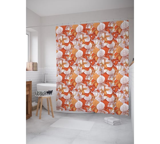 Штора (занавеска) для ванной JoyArty "Орхидеи дудл" из сатена, 180х200 см с крючками, sc_64058