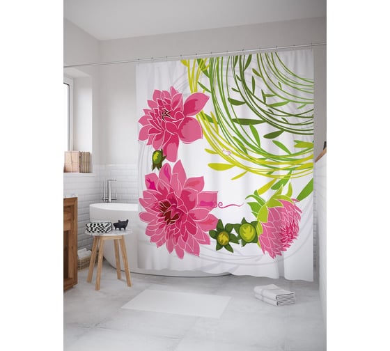 Штора (занавеска) для ванной JoyArty "Цветущие пионы" из сатена, 180х200 см с крючками, sc_53155 1