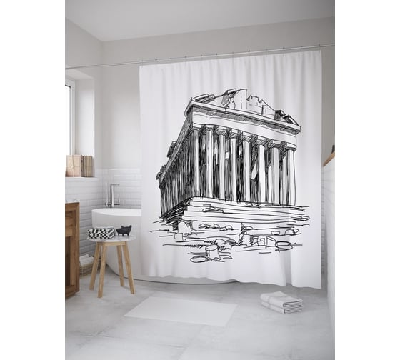 Штора (занавеска) для ванной JoyArty "Парфенон карандашом" из сатена, 180х200 см с крючками, sc_59391