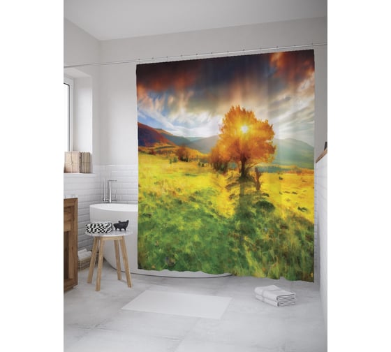 Штора (занавеска) для ванной JoyArty "Солнце сквозь крону дерева" из сатена, 180х200 см с крючками, sc_60550 1