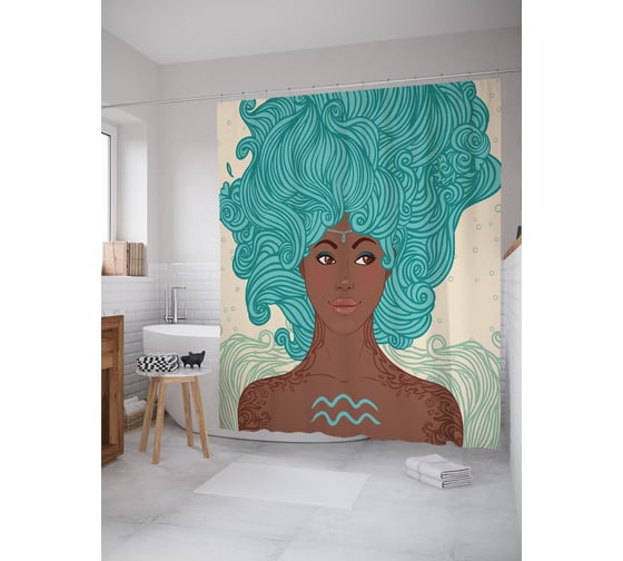 Штора (занавеска) для ванной JoyArty "Негритянка Водолей" из сатена, 180х200 см с крючками, sc_58199 1
