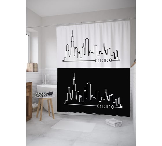 Штора (занавеска) для ванной JoyArty "Силуэты домов Чикаго" из сатена, 180х200 см с крючками, sc_60427 1