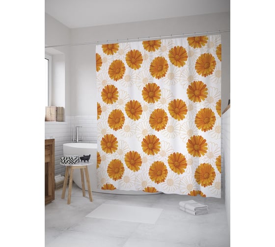 Штора (занавеска) для ванной JoyArty "Цветение календул" из сатена, 180х200 см с крючками, sc_59995 1