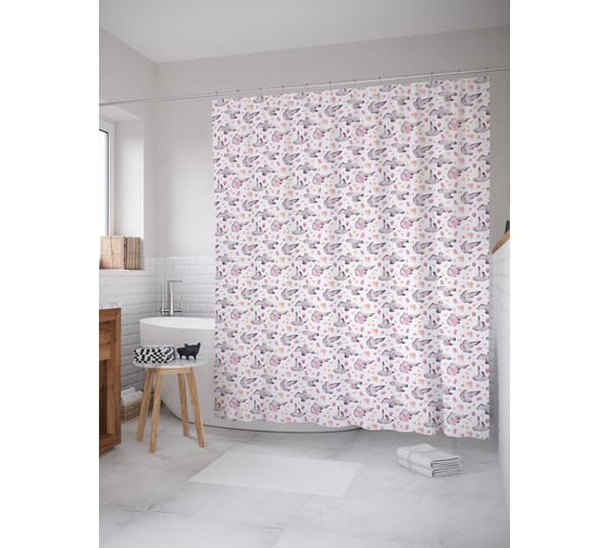 Штора (занавеска) для ванной JoyArty "Птица приносит любовь" из сатена, 180х200 см с крючками, sc_79745 1