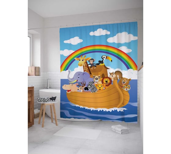 Штора (занавеска) для ванной JoyArty "Ковчег под радугой" из сатена, 180х200 см с крючками, sc_9427
