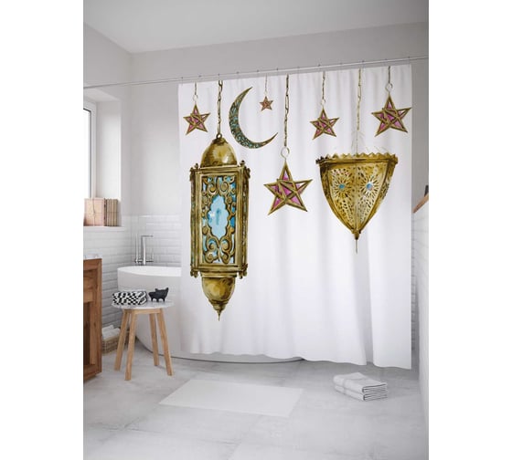 Штора (занавеска) для ванной JoyArty "Арабские подвесы" из сатена, 180х200 см с крючками, sc_38802 1